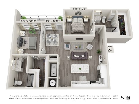 Floor plan for 2 beds, 2 baths, 1321 sqft
